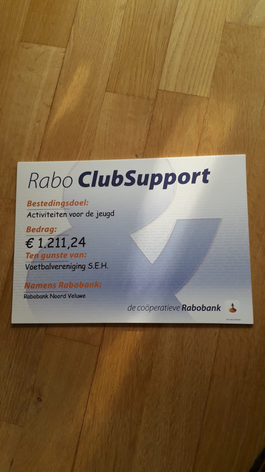 Cheque Rabobank Stem op SEH bij actie Rabo ClubSupport! | vv SEH