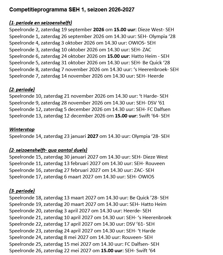 SEH 1 begint competitie met uitduel in Zwolle